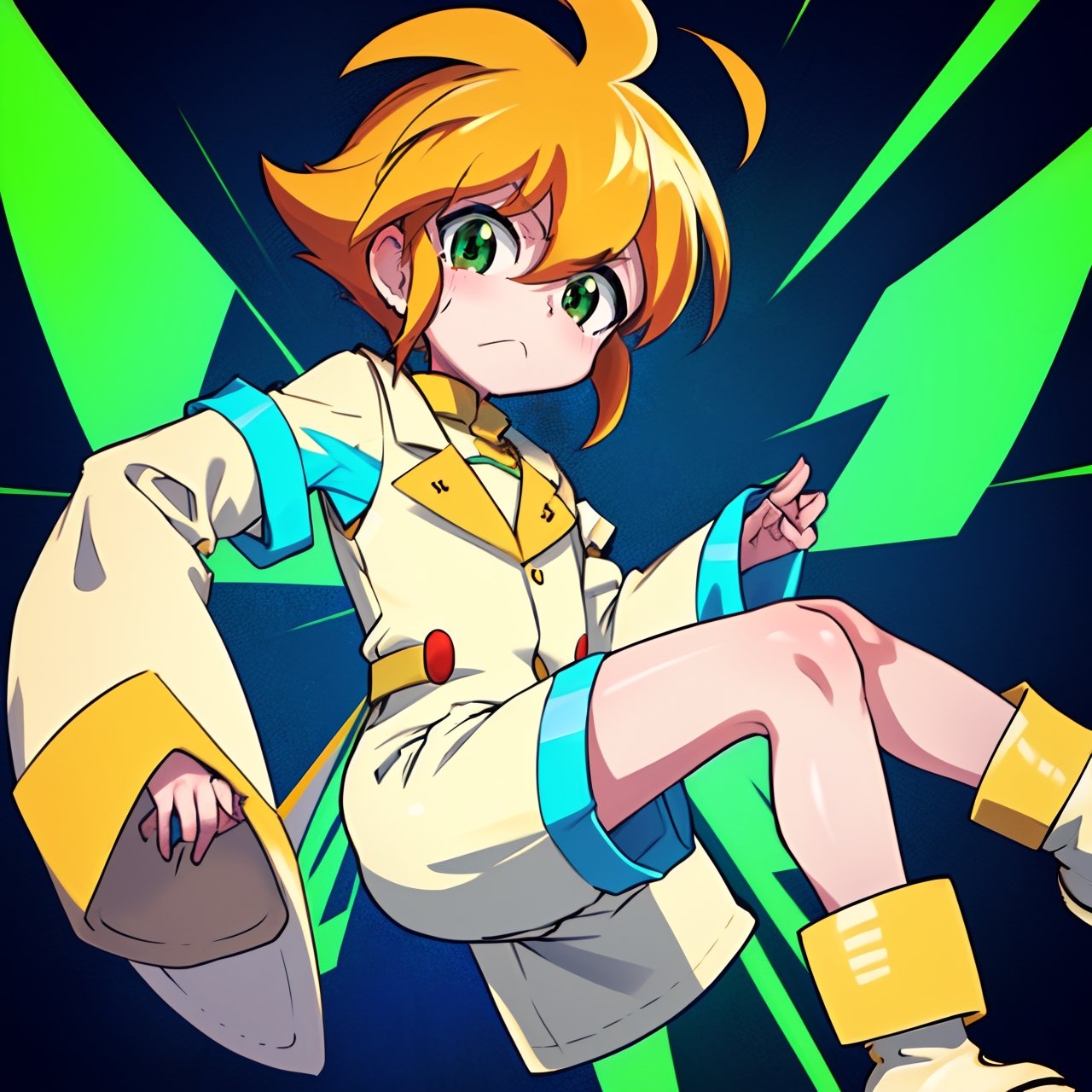 yutendo, 1boy, yellow shirt, white tunic (sky blue sleeve ends), green eyes, orange hair, fluffy hair, pale skin, white shorts (knee-length), lapels with lime green markings, white boots,apathetic face, looking atviewer, best quality, amazing quality Desnudo,