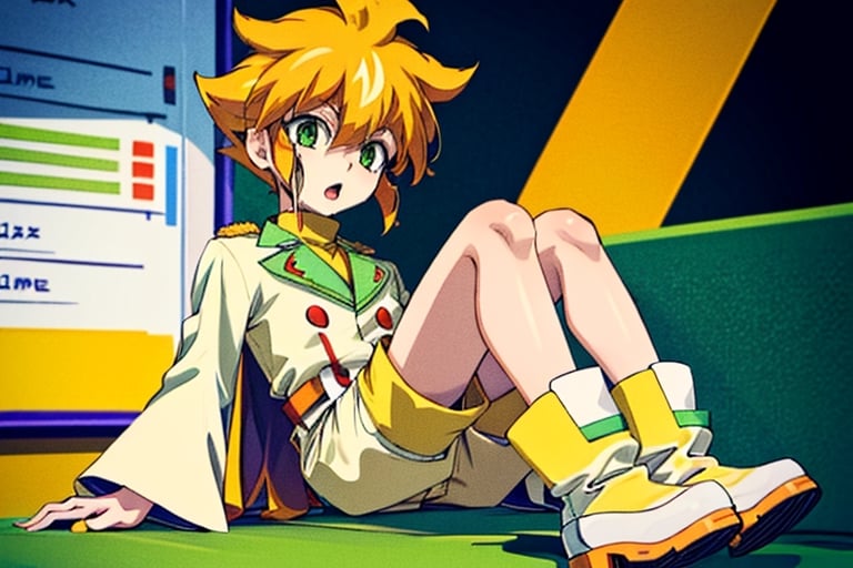 yutendo, 1boy, solo, Sexo, 1Horse, Polla, yellow shirt, white tunic, green eyes, orange hair, fluffy hair, pale skin, white shorts (knee-length), lapels with lime green markings, white boots, SEXO SEXO ANIMAL,