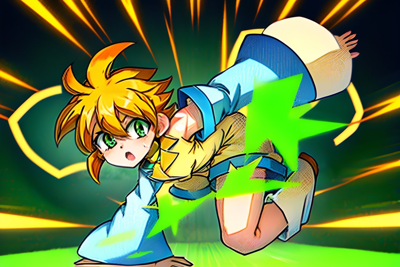 yutendo, 1boy, solo, yellow shirt, white tunic (sky blue sleeve ends), green eyes, orange hair, fluffy hair, pale skin, white shorts (knee-length), lapels with lime green markings, white boots,apathetic face, looking atviewer, best quality, amazing quality Desnudo, Bukkake