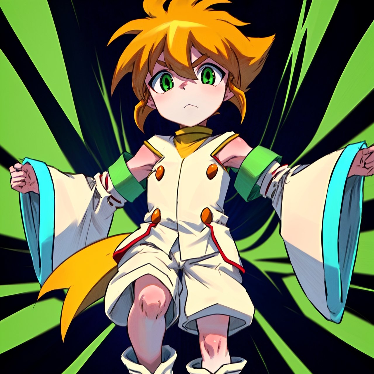 yutendo, 1boy, solo, yellow shirt, white tunic (sky blue sleeve ends), green eyes, orange hair, fluffy hair, pale skin, white shorts (knee-length), lapels with lime green markings, white boots (mid-calf length),apathetic face, looking atviewer, best quality, amazing quality , Nude , Nudity ,