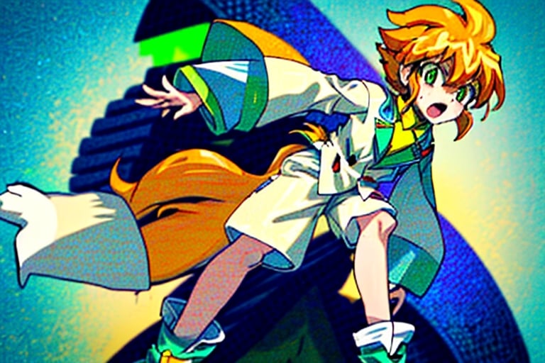 yutendo, 1boy, solo, Sexo, Horse, Polla, yellow shirt, white tunic, green eyes, orange hair, fluffy hair, pale skin, white shorts (knee-length), lapels with lime green markings, white boots (mid-calf length),