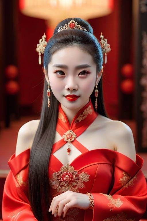 A good-looking Chinese woman with long hair pulled back and wearing jewelry in a traditional Chinese red wedding dress.