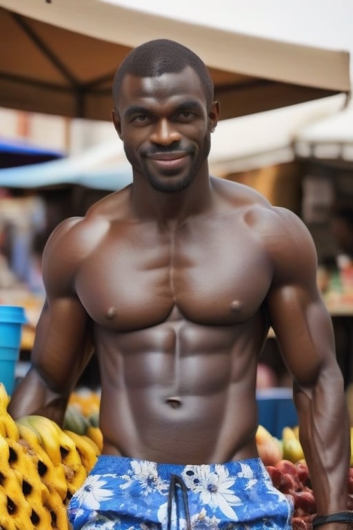 A dark-skinned African man with a muscular body and clearly defined abs wears no shirt, just blue floral shorts and sandals, taking pictures at the market.