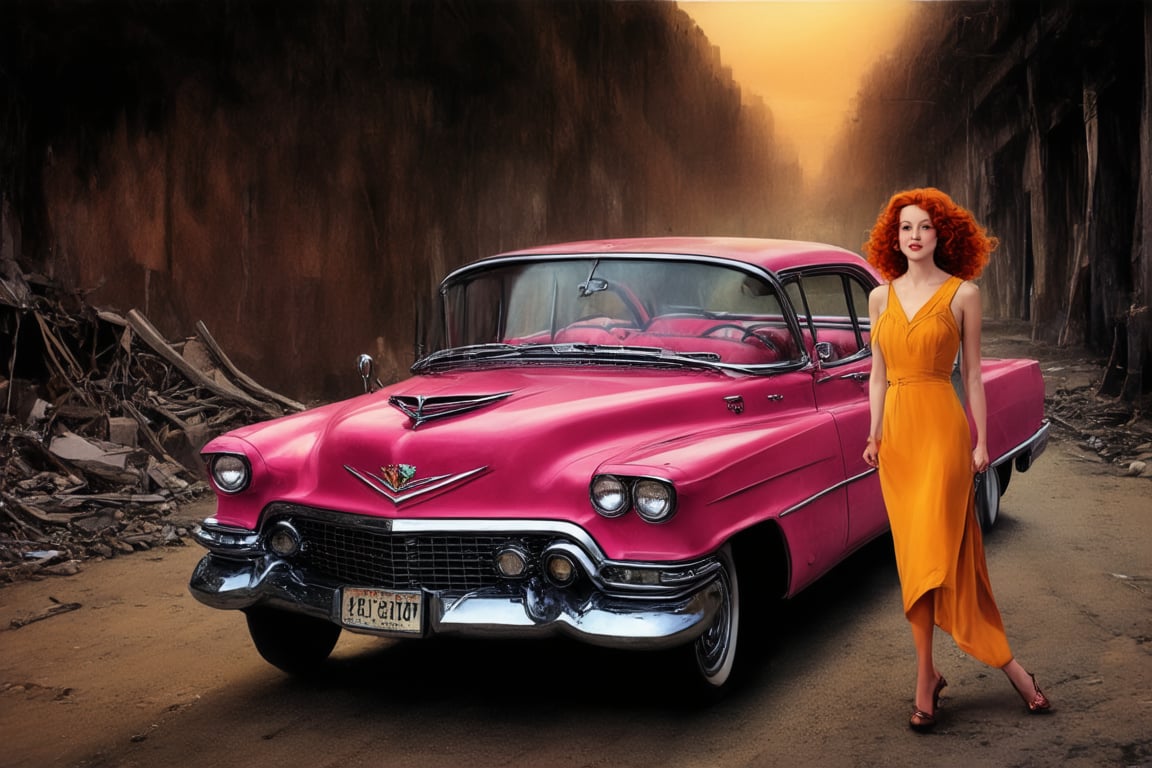 The central figure is a woman staying on the demolished street, in a background a vintage pink 1952s Cadillac Eldorado, which has a classic design indicative of that era. The woman's hair is styled in waves, a popular hairstyle of the 1940s and 1950s. The image evokes a sense of nostalgia and could be associated with the golden age of Hollywood, where such scenes were common in films)))
(((Redhead curly messy hair shot, 1950s age style)))
(((Vivid women's fashion casual clothing vintage)))
(((Chiaroscuro darkness light background)))
(((masterpiece,minimalist,epic,
hyperrealistic,photorealistic)))
(((view profile,view detailed ))) beksinski art style