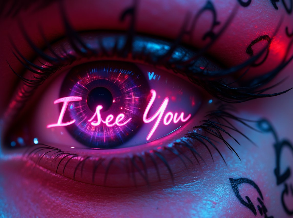 (Hyperrealism), (Premium Quality), A hyper-detailed macro close-up of an eye, where the lens and iris clearly reflect a neon sign with the (text "I see You"). The eye features beautiful enhanced eyelashes and an eyelid adorned with fantasy makeup and bioluminescent tattoos. The scene is rendered in razor-sharp HDR and UHD 8k, showcasing the intricate details and vibrant colors of the eye, makeup, and tattoos.
