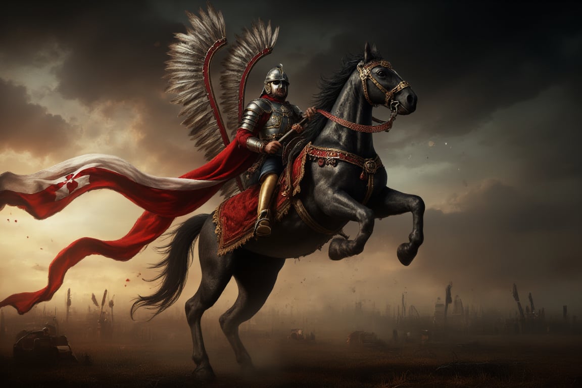 wingedhussarflux style,,The image portrays a powerful and dramatic scene of a Polish Winged Hussar mounted on a rearing black horse. The Winged Hussar, a legendary elite cavalryman, is depicted in full armor, with an intricate helmet that conceals most of his face, adding a sense of mystery and strength. He is adorned with the characteristic wings attached to his back, made of large, curved feathers that extend majestically upward, glinting in the soft, fading sunlight. His armor is finely detailed with a metallic sheen, while a long, flowing red-and-white banner, emblazoned with a cross, drapes across his horse’s body.  The black horse is captured in a dynamic pose, rising on its hind legs with a sense of raw power and energy. The muscular definition of the horse, enhanced by the hyper-realistic lighting, adds to the sense of motion. The animal’s armor and reins are richly decorated with gold accents, complementing the regal bearing of both the horse and rider.  In the background, a dark, ominous sky contrasts with the golden sunset, casting long shadows over the battlefield below. The overall atmosphere is tense and dramatic, capturing the grandeur and might of the Winged Hussar as he prepares for battle, embodying honor, courage, and strength.