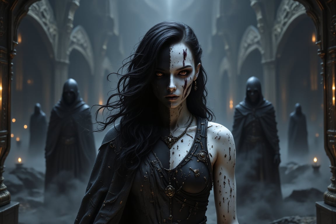 Generate a full body, whole body, head-to-toe image of Hel, the Norse goddess of the underworld.  She is depicted as a striking figure embodying both beauty and decay. Her appearance is divided, with one half of her body appearing as a beautiful woman with pale, smooth skin and flowing black hair that cascades over her shoulders. Her eyes on this side are dark and enigmatic, exuding a sense of quiet authority. The other half of her body is skeletal and decayed, with exposed bones and gray, lifeless skin, symbolizing death and the inevitable decay of all living things. She wears a tattered, dark cloak, draped loosely over her form, blending into the shadows of the underworld she rules. Around her, the environment is cold and barren, with mist swirling at her feet, and faint, ghostly figures wandering in the background. Her expression is calm, yet cold, as she gazes with a mixture of sorrow and indifference, reflecting her dominion over the realm of the dead.Photorealism.  Ultra-realistic, 16K.,aidmafluxpro1.1