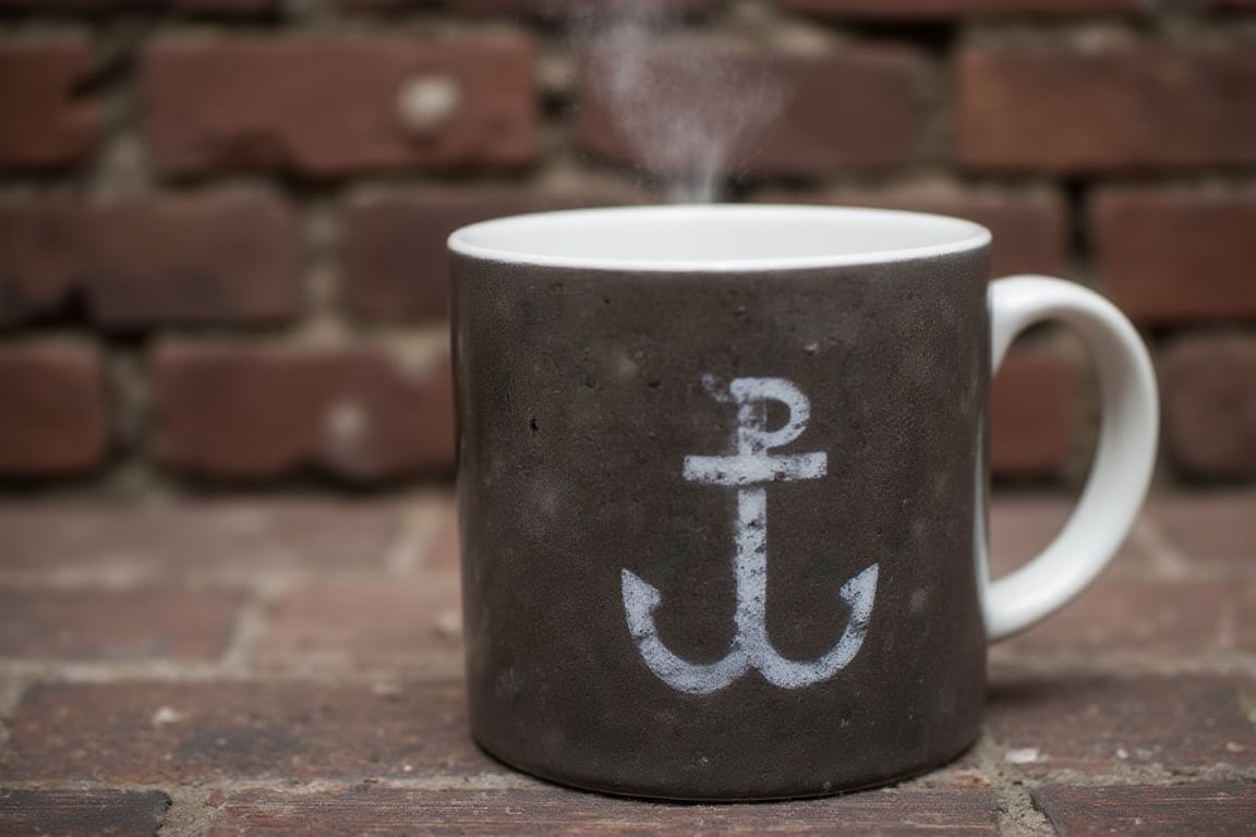 Prompt: wingedhussarflux style,, The image on the cup shows a symbol painted on a brick wall, known as the "Kotwica" (Anchor), which combines the letters "P" and "W." 