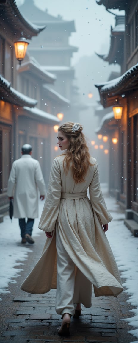 extreme close-up of Snow-kissed beauty strides forward, gaze locked on the viewer as she glances over her shoulder. Framed by a warm glow from nearby lanterns, her porcelain complexion and rosy cheeks radiate amidst the winter wonderland's serene silence. In the background, a white--robed scholar navigates the ancient city's cobblestone streets, wisps of fog swirling around him like ethereal whispers..retro glam,,surreal,sparkles