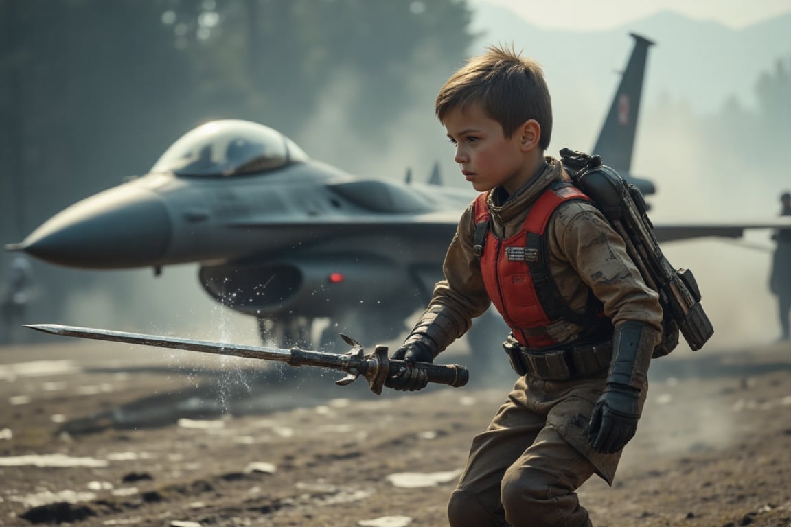 a little boy with jet toy in hand in a dynamic,  combat-ready pose,  wielding a long sword crackling with energy. polish m...