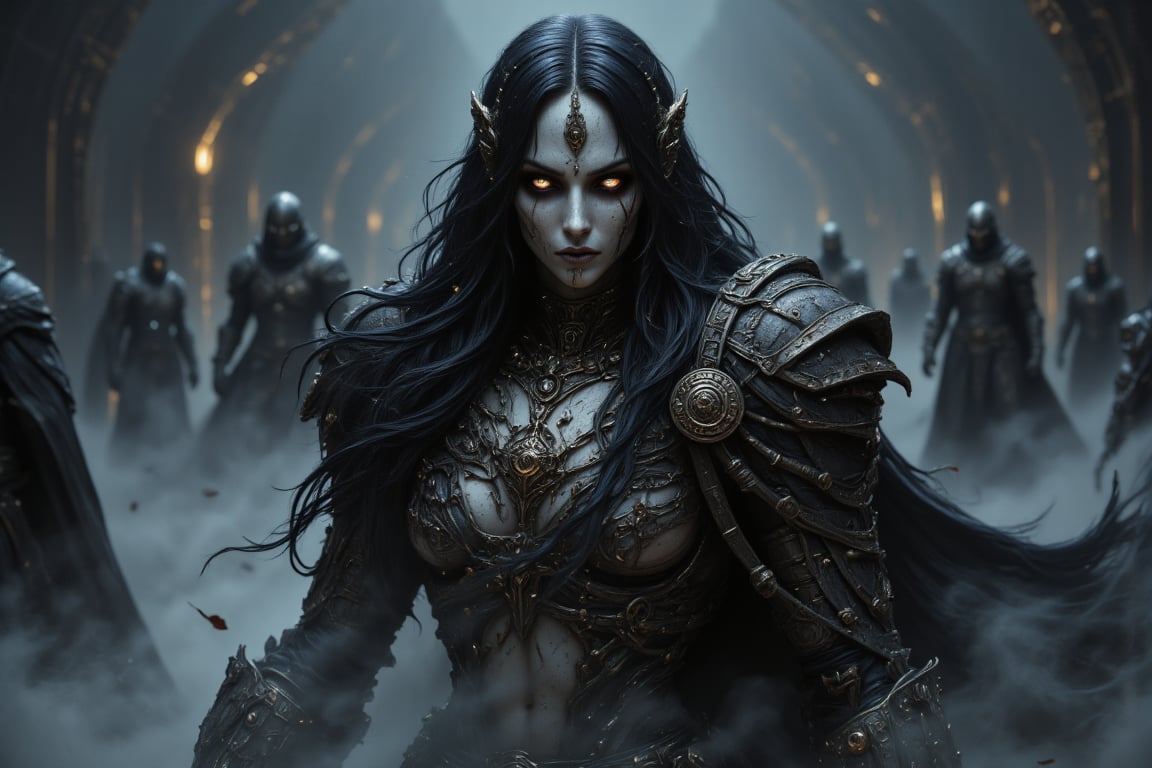 Generate a full body, whole body, head-to-toe image of Hel, the Norse goddess of the underworld.  She is depicted as a striking figure embodying both beauty and decay. Her appearance is divided, with one half of her body appearing as a beautiful woman with pale, smooth skin and flowing black hair that cascades over her shoulders. Her eyes on this side are dark and enigmatic, exuding a sense of quiet authority. The other half of her body is skeletal and decayed, with exposed bones and gray, lifeless skin, symbolizing death and the inevitable decay of all living things. She wears a tattered, dark cloak, draped loosely over her form, blending into the shadows of the underworld she rules. Around her, the environment is cold and barren, with mist swirling at her feet, and faint, ghostly figures wandering in the background. Her expression is calm, yet cold, as she gazes with a mixture of sorrow and indifference, reflecting her dominion over the realm of the dead.Photorealism.  Ultra-realistic, 16K.,aidmafluxpro1.1