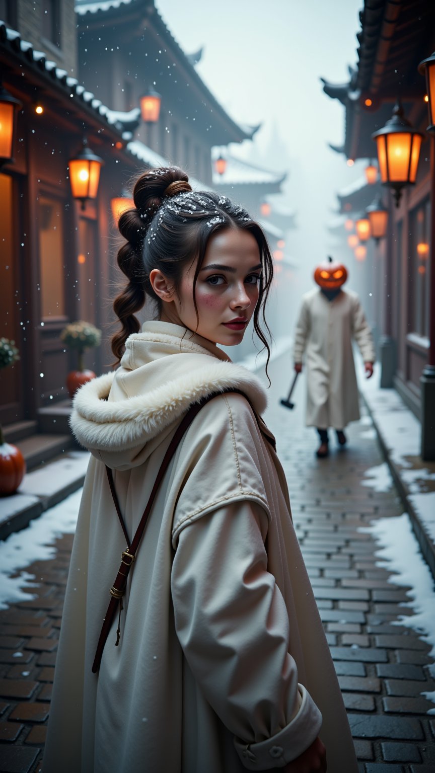 extreme close-up of Snow-kissed beauty strides forward, gaze locked on the viewer as she glances over her shoulder. Framed by a warm glow from nearby lanterns, her porcelain complexion and rosy cheeks radiate amidst the winter wonderland's serene silence. In the background, a white--robed scholar navigates the ancient city's cobblestone streets, wisps of fog swirling around him like ethereal whispers..retro glam,,surreal,sparkles, pumpkin monster in the background,

man with pumpkin head, long axe in hand