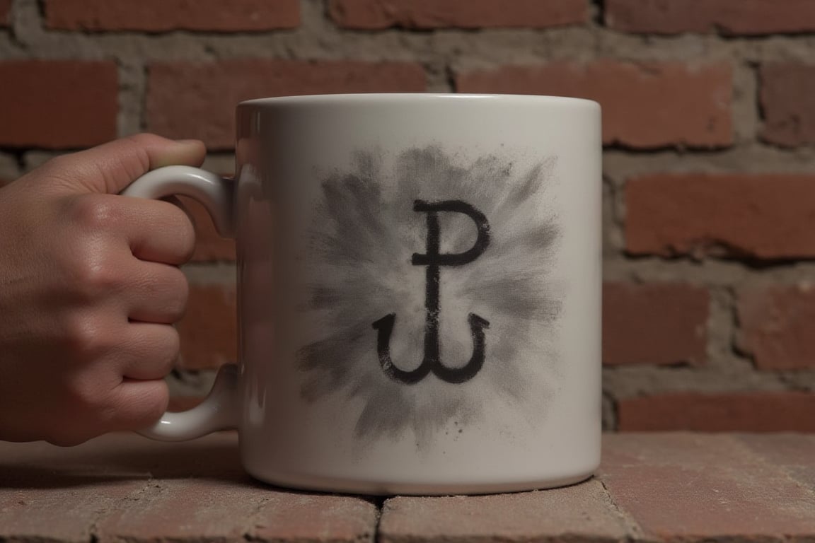 Prompt: wingedhussarflux style,, The image on the cup shows a symbol painted on a brick wall, known as the "Kotwica" (Anchor), which combines the letters "P" and "W." 