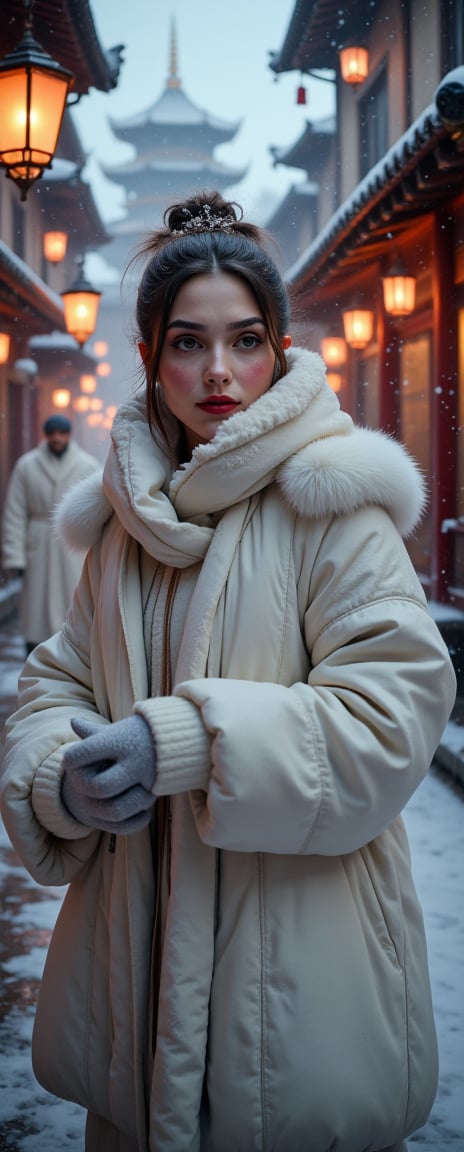 extreme close-up of Snow-kissed beauty strides forward, gaze locked on the viewer as she glances over her shoulder. Framed by a warm glow from nearby lanterns, her porcelain complexion and rosy cheeks radiate amidst the winter wonderland's serene silence. In the background, a white--robed scholar navigates the ancient city's cobblestone streets, wisps of fog swirling around him like ethereal whispers..retro glam,,surreal,sparkles