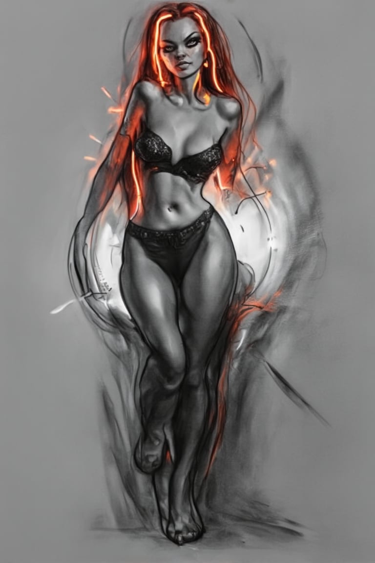 extremely beautiful, (highly detailed, intricately detailed), (alluring eyes), (1woman), small waist, (long straight autumn red hair), wearing black stretchy jumpsuit, standing with neon lights on the front of her body, a rotating glass sphere producing rays of light.,female charcoal art