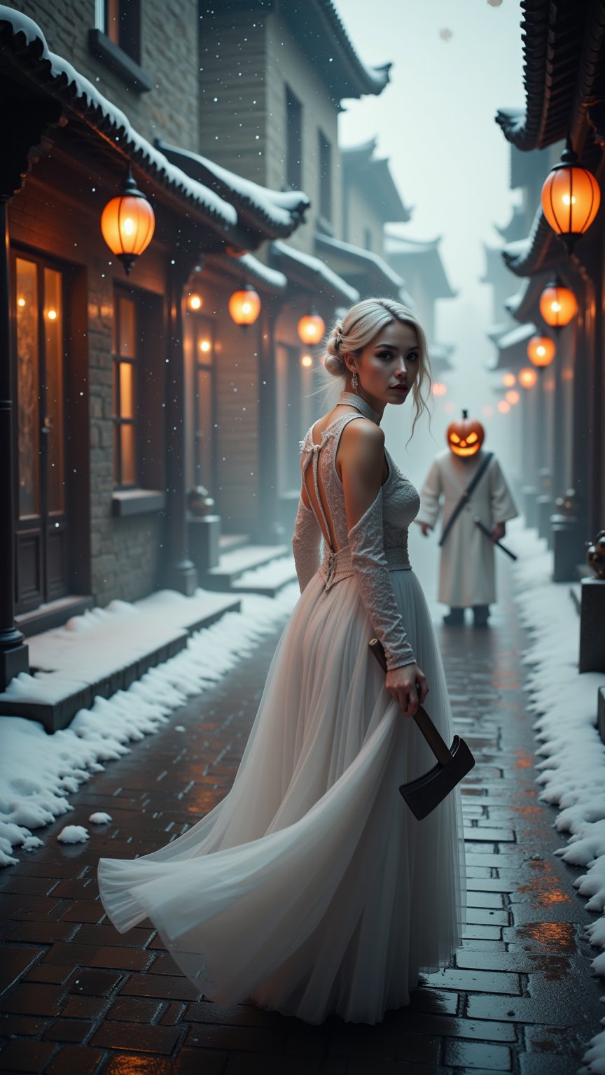 extreme close-up of Snow-kissed beauty strides forward, gaze locked on the viewer as she glances over her shoulder. Framed by a warm glow from nearby lanterns, her porcelain complexion and rosy cheeks radiate amidst the winter wonderland's serene silence. In the background, a white--robed scholar navigates the ancient city's cobblestone streets, wisps of fog swirling around him like ethereal whispers..retro glam,,surreal,sparkles, pumpkin monster in the background,

man with pumpkin head, long axe in hand