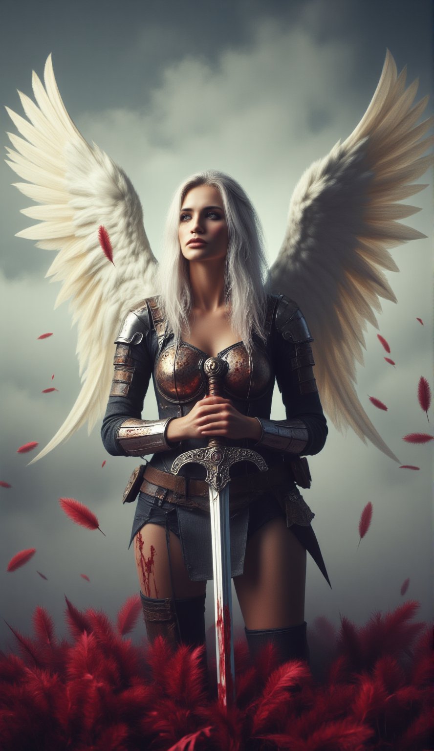 In a serene, cloud-softened backdrop, a lone figure with resplendent white hair and majestic angel wings kneels amidst a scattering of crimson feathers. Her hand firmly grasps the hilt of a gleaming sword, its blade smothered in dark bloodstains. As she lifts her gaze heavenward, her expression is torn between unwavering determination and deep anguish.