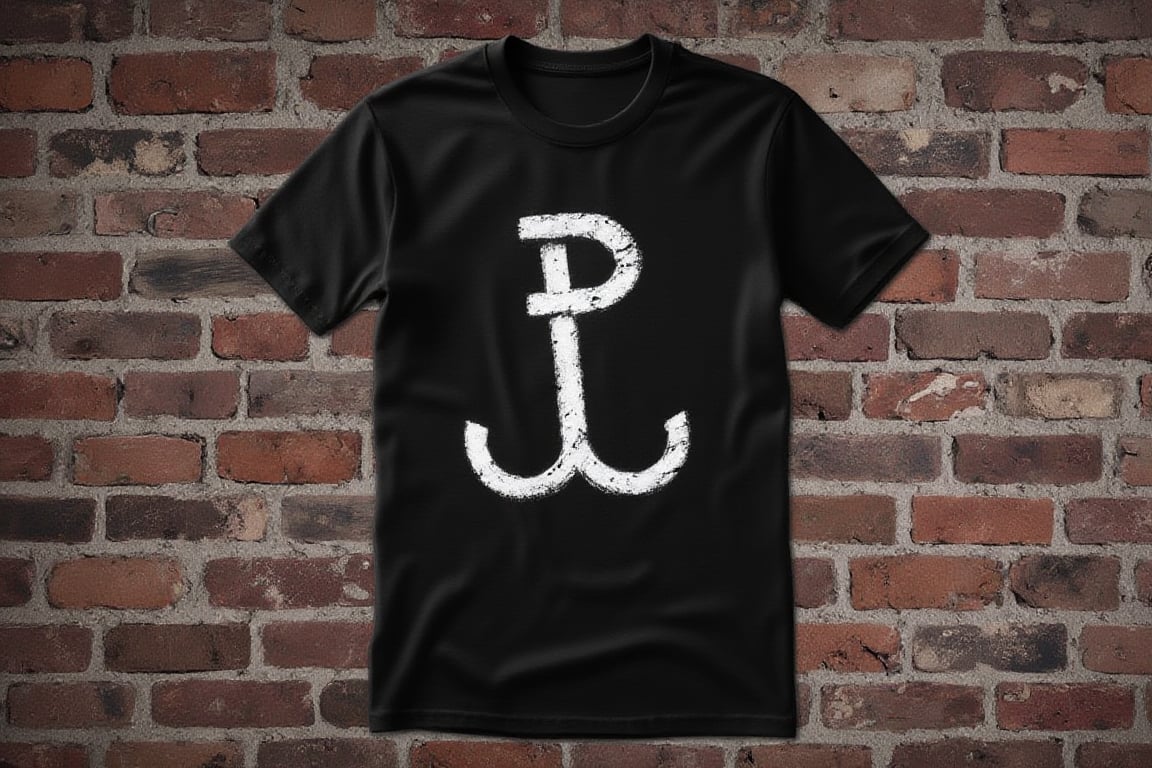 Prompt: wingedhussarflux style,, The image on the t-shirt shows a symbol painted on a brick wall, known as the "Kotwica" (Anchor), which combines the letters "P" and "W." 