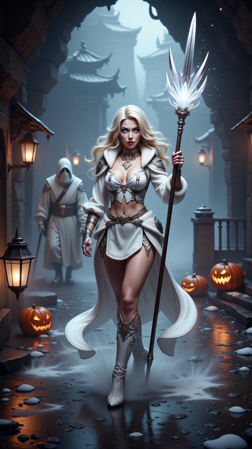 extreme close-up of Snow-kissed beauty strides forward, gaze locked on the viewer as she glances over her shoulder. Framed by a warm glow from nearby lanterns, her porcelain complexion and rosy cheeks radiate amidst the winter wonderland's serene silence. In the background, a white--robed scholar navigates the ancient city's cobblestone streets, wisps of fog swirling around him like ethereal whispers..retro glam,,surreal,sparkles, pumpkin monster in the background,

A warrior-mage class female character, embodying a fierce and confident warrior spirit, with sharp, determined features, flowing blonde hair cascading around her shoulders, fair skin, and glowing white eyes. She is dressed in a stunning modern white battle costume that blends elegance and functionality, featuring a short skirt that highlights her warrior grace. She stands in a dark, mystical cave, holding a long spear that resembles a traditional war spear, adorned with a glowing white crystal at its sharp tip, casting a bright light that penetrates the surrounding darkness. The crystal reflects light beautifully, illuminating her face and surroundings, while the water in the cave reflects shimmering patterns of light, enhancing the magical atmosphere. Standing tall with a powerful stance, she gazes fiercely into the depths of the cave, captured from a low angle to emphasize her warrior essence and readiness for battle.