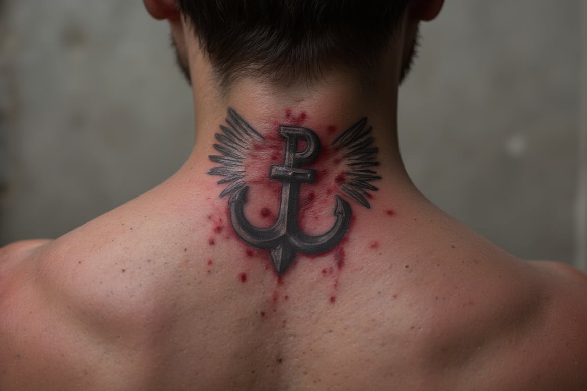 wingedhussarflux style,, the tatoo on the neck shows a symbol  known as the "Kotwica" (Anchor), which combines the letters "P" and "W."