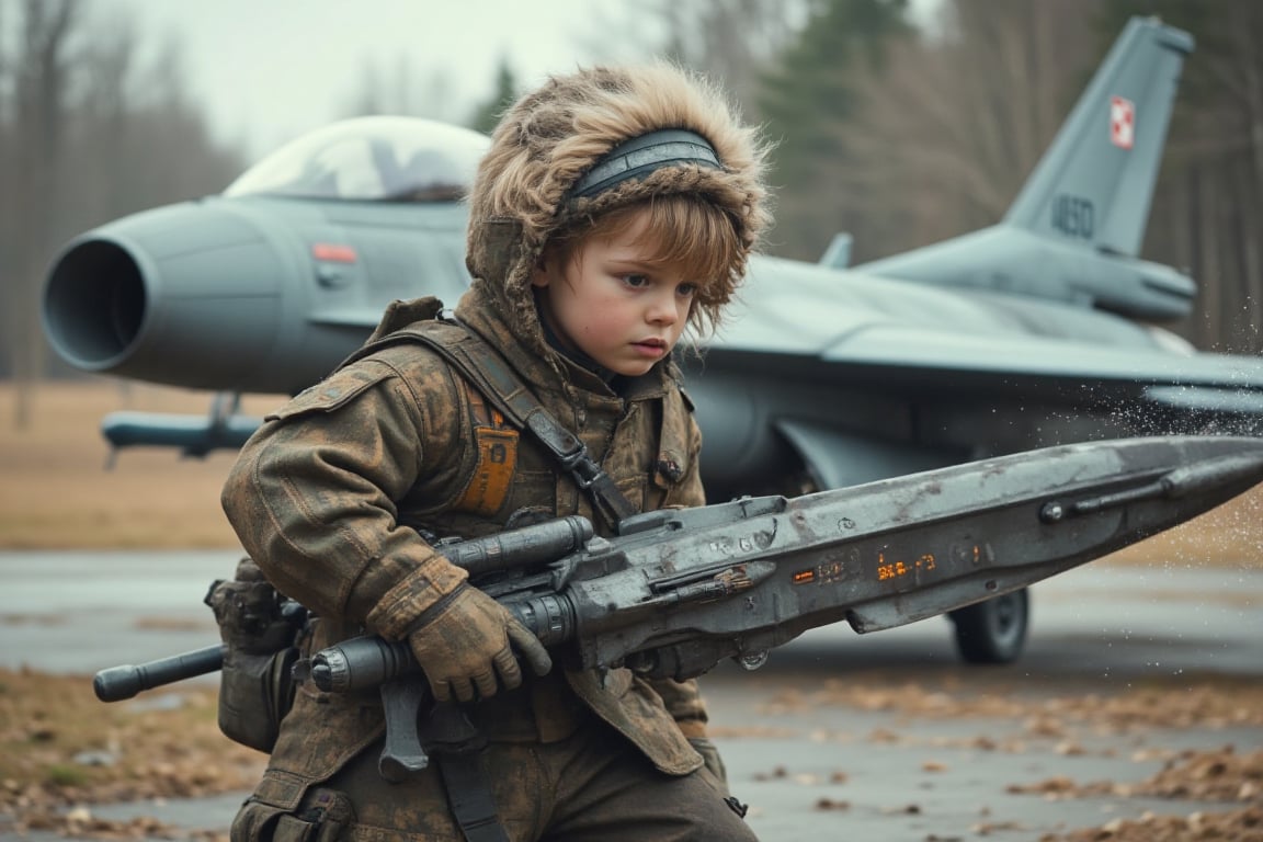 a little boy with jet toy in hand in a dynamic,  combat-ready pose,  wielding a long sword crackling with energy. polish m...