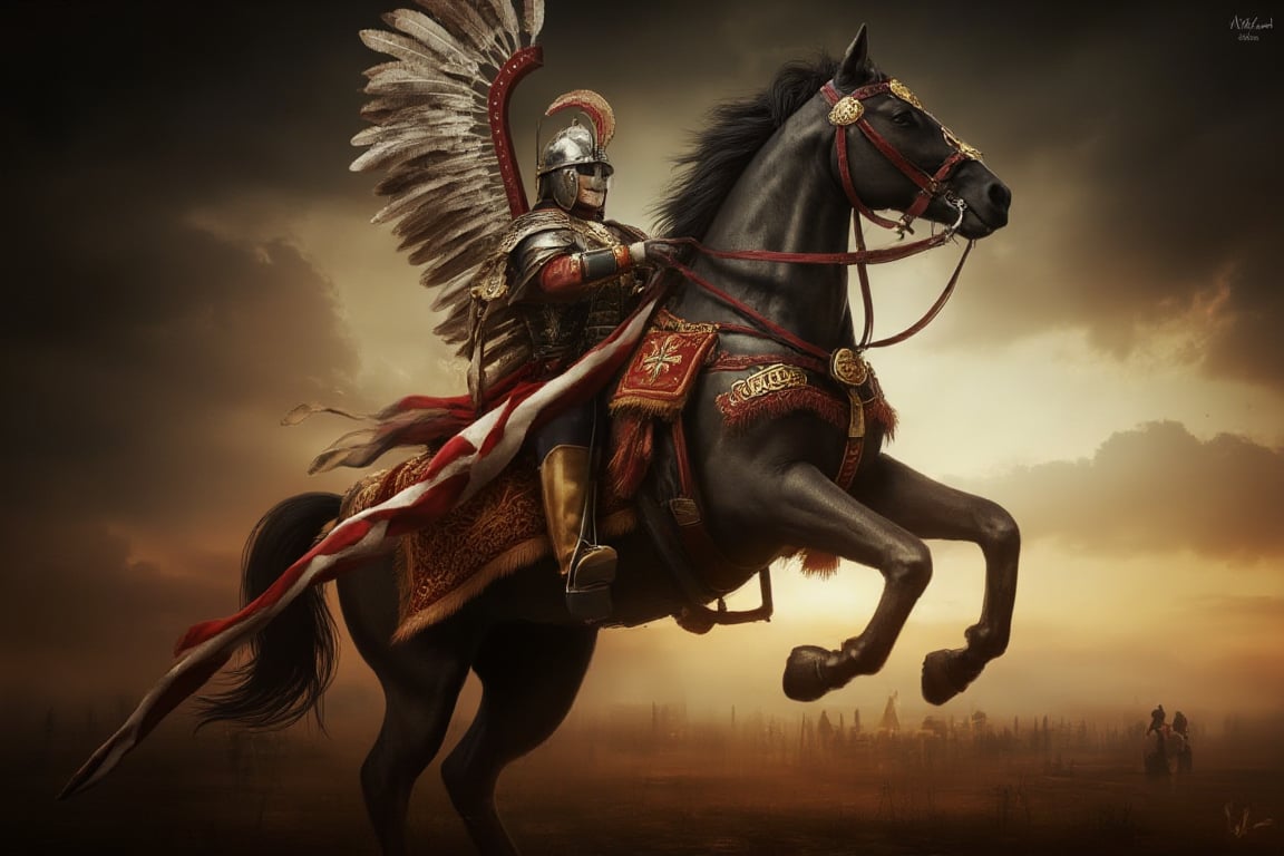 wingedhussarflux style,,The image portrays a powerful and dramatic scene of a Polish Winged Hussar mounted on a rearing black horse. The Winged Hussar, a legendary elite cavalryman, is depicted in full armor, with an intricate helmet that conceals most of his face, adding a sense of mystery and strength. He is adorned with the characteristic wings attached to his back, made of large, curved feathers that extend majestically upward, glinting in the soft, fading sunlight. His armor is finely detailed with a metallic sheen, while a long, flowing red-and-white banner, emblazoned with a cross, drapes across his horse’s body.  The black horse is captured in a dynamic pose, rising on its hind legs with a sense of raw power and energy. The muscular definition of the horse, enhanced by the hyper-realistic lighting, adds to the sense of motion. The animal’s armor and reins are richly decorated with gold accents, complementing the regal bearing of both the horse and rider.  In the background, a dark, ominous sky contrasts with the golden sunset, casting long shadows over the battlefield below. The overall atmosphere is tense and dramatic, capturing the grandeur and might of the Winged Hussar as he prepares for battle, embodying honor, courage, and strength.