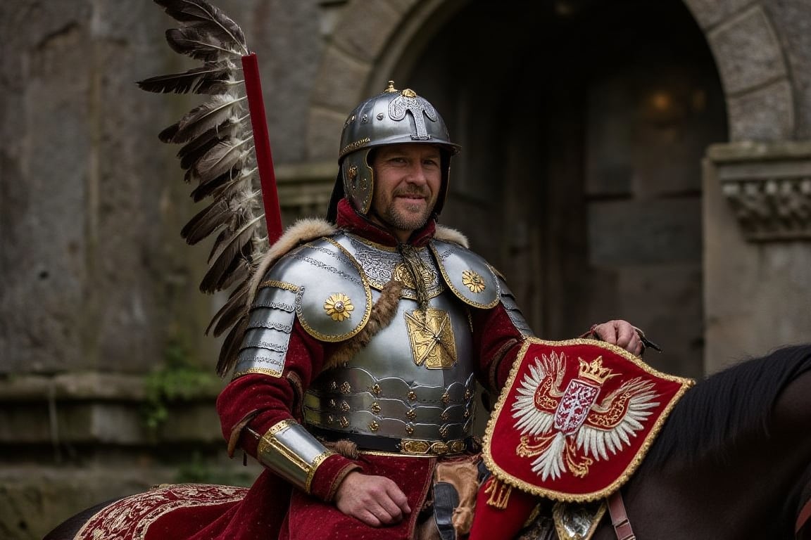 wingedhussarflux style,, The image features a Polish Winged Hussar dressed in full historical armor, seated on a horse. The man, with a confident and slightly smiling expression, is wearing intricately detailed steel plate armor that covers his body, showcasing both strength and nobility. His helmet, adorned with a central nose guard, is ornately decorated, with gold accents and a pair of large, eagle feathers emerging from the back, symbolizing the iconic wings of the Winged Hussars. His beard and calm demeanor suggest experience and pride. The armor is highly decorated with golden emblems and fur linings, giving a regal appearance. The chest plate is particularly detailed, featuring a prominent cross-like design, further signifying his status as a knight. The red velvet robe beneath the armor adds a layer of elegance, its rich fabric blending with the fur draped over his shoulders. On his left arm, he carries a richly decorated shield in red and gold, emblazoned with a royal white eagle, symbolizing Polish heritage and power. The background appears to be an old stone structure, enhancing the historical atmosphere. The scene conveys both authority and grace, capturing the essence of the legendary Winged Hussars, who were renowned for their bravery and military prowess in defending Poland..