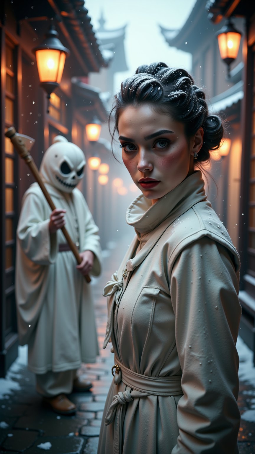 extreme close-up of Snow-kissed beauty strides forward, gaze locked on the viewer as she glances over her shoulder. Framed by a warm glow from nearby lanterns, her porcelain complexion and rosy cheeks radiate amidst the winter wonderland's serene silence. In the background, a white--robed scholar navigates the ancient city's cobblestone streets, wisps of fog swirling around him like ethereal whispers..retro glam,,surreal,sparkles, pumpkin monster in the background,

man with pumpkin head, long axe in hand