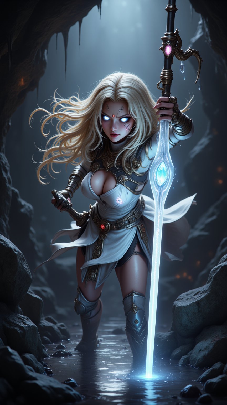 (((Epic fantasy artwork, warrior-mage class female character, dynamic action pose, ultra-detailed, hyper-realistic, 8K resolution, dramatic lighting, fierce confident gaze, elegant magical materials, modern white battle costume, beautiful warrior attire, flowing blonde hair, glowing white eyes, powerful stance, long spear, glowing white crystal, illuminating darkness, reflections in water, mystical cave background, ready for battle)))

A warrior-mage class female character, embodying a fierce and confident warrior spirit, with sharp, determined features, flowing blonde hair cascading around her shoulders, fair skin, and glowing white eyes. She is dressed in a stunning modern white battle costume that blends elegance and functionality, featuring a short skirt that highlights her warrior grace. She stands in a dark, mystical cave, holding a long spear that resembles a traditional war spear, adorned with a glowing white crystal at its sharp tip, casting a bright light that penetrates the surrounding darkness. The crystal reflects light beautifully, illuminating her face and surroundings, while the water in the cave reflects shimmering patterns of light, enhancing the magical atmosphere. Standing tall with a powerful stance, she gazes fiercely into the depths of the cave, captured from a low angle to emphasize her warrior essence and readiness for battle.