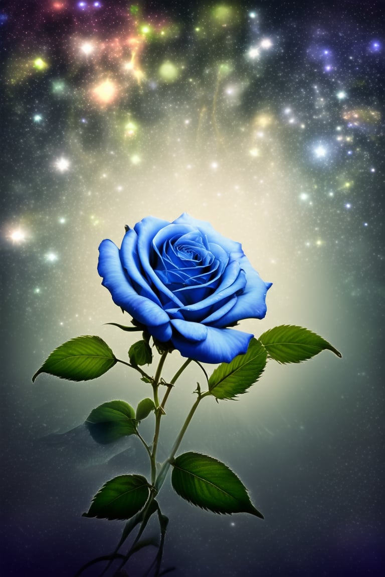 crystal spring blossom, fantasy, galaxy, transparent, shimmering, sparkling, splendid, colorful, magical photography, dramatic lighting, photo realism, ultra-detailed, 4k, Depth of field, High-resolution, blue Rose