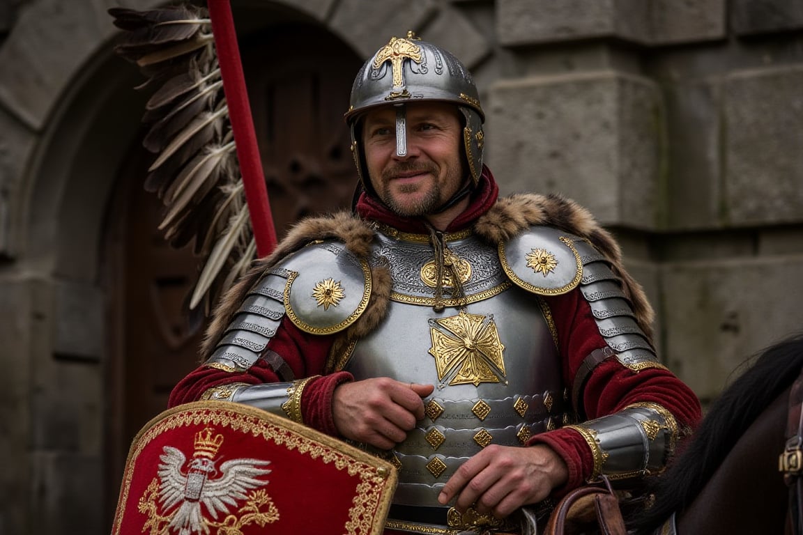 wingedhussarflux style,, The image features a Polish Winged Hussar dressed in full historical armor, seated on a horse. The man, with a confident and slightly smiling expression, is wearing intricately detailed steel plate armor that covers his body, showcasing both strength and nobility. His helmet, adorned with a central nose guard, is ornately decorated, with gold accents and a pair of large, eagle feathers emerging from the back, symbolizing the iconic wings of the Winged Hussars. His beard and calm demeanor suggest experience and pride. The armor is highly decorated with golden emblems and fur linings, giving a regal appearance. The chest plate is particularly detailed, featuring a prominent cross-like design, further signifying his status as a knight. The red velvet robe beneath the armor adds a layer of elegance, its rich fabric blending with the fur draped over his shoulders. On his left arm, he carries a richly decorated shield in red and gold, emblazoned with a royal white eagle, symbolizing Polish heritage and power. The background appears to be an old stone structure, enhancing the historical atmosphere. The scene conveys both authority and grace, capturing the essence of the legendary Winged Hussars, who were renowned for their bravery and military prowess in defending Poland..