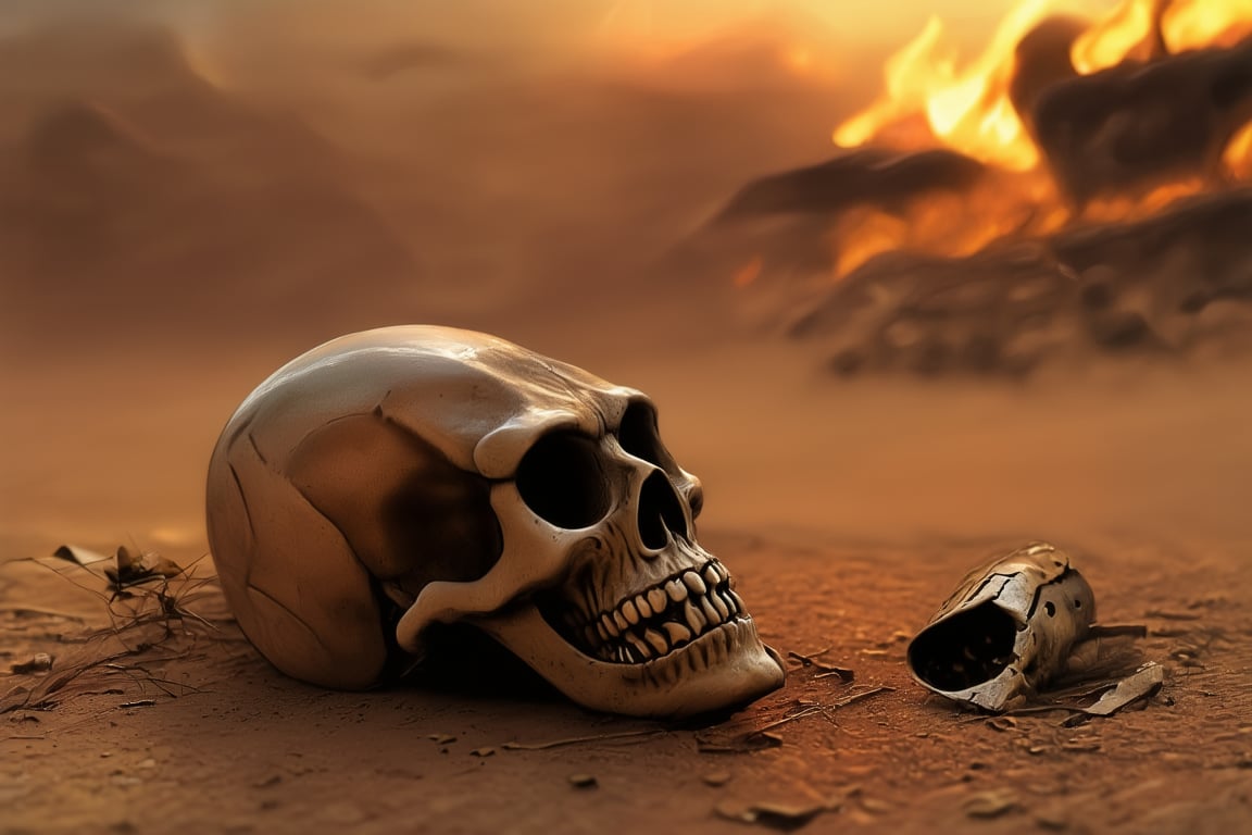 (((broken toy))), skull, deser is on fire in the distance, serenity,  low-key,in ,digital artwork by Beksinskiart