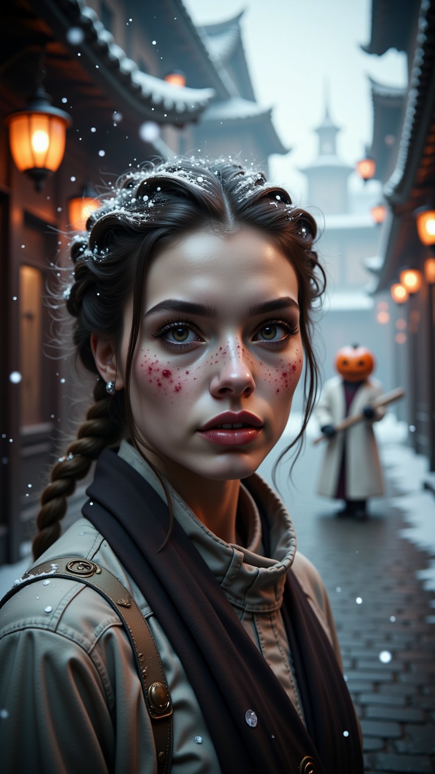 extreme close-up of Snow-kissed beauty strides forward, gaze locked on the viewer as she glances over her shoulder. Framed by a warm glow from nearby lanterns, her porcelain complexion and rosy cheeks radiate amidst the winter wonderland's serene silence. In the background, a white--robed scholar navigates the ancient city's cobblestone streets, wisps of fog swirling around him like ethereal whispers..retro glam,,surreal,sparkles, pumpkin monster in the background,

man with pumpkin head, long axe in hand