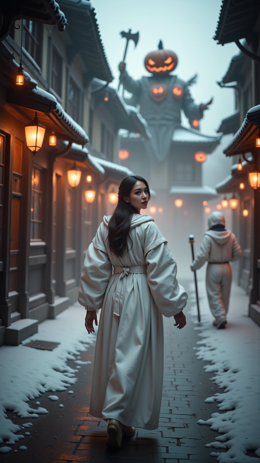 extreme close-up of Snow-kissed beauty strides forward, gaze locked on the viewer as she glances over her shoulder. Framed by a warm glow from nearby lanterns, her porcelain complexion and rosy cheeks radiate amidst the winter wonderland's serene silence. In the background, a white--robed scholar navigates the ancient city's cobblestone streets, wisps of fog swirling around him like ethereal whispers..retro glam,,surreal,sparkles, pumpkin monster in the background,

man with pumpkin head, long axe in hand