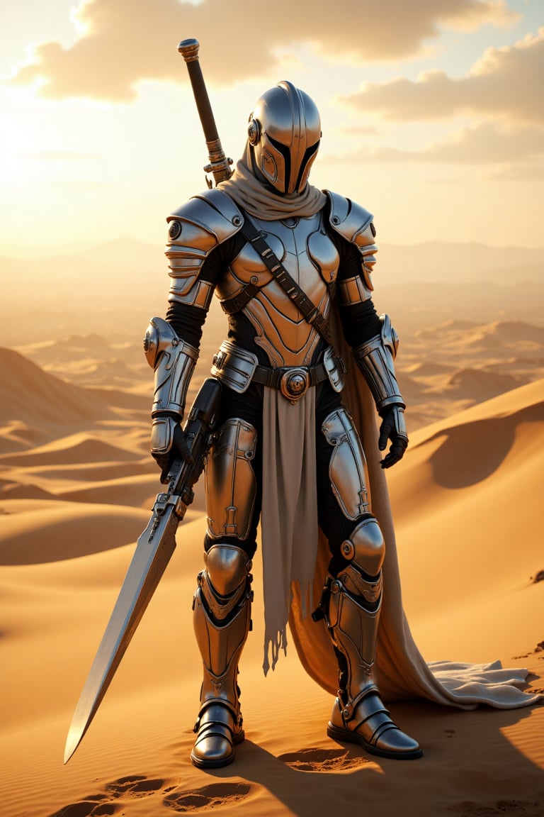 ```
a futuristic knight in sleek silver armor, standing in a vast desert with golden sand dunes. The knight holds a long, metallic sword, with a rifle attached to their armor, ready for battle. The sunset casts a warm glow across the scene, highlighting the reflective surfaces of the armor and creating long shadows in the sand. The sky is dotted with soft clouds, adding depth and tranquility to the harsh desert environment, contrasting with the knight's formidable and advanced appearance.
```