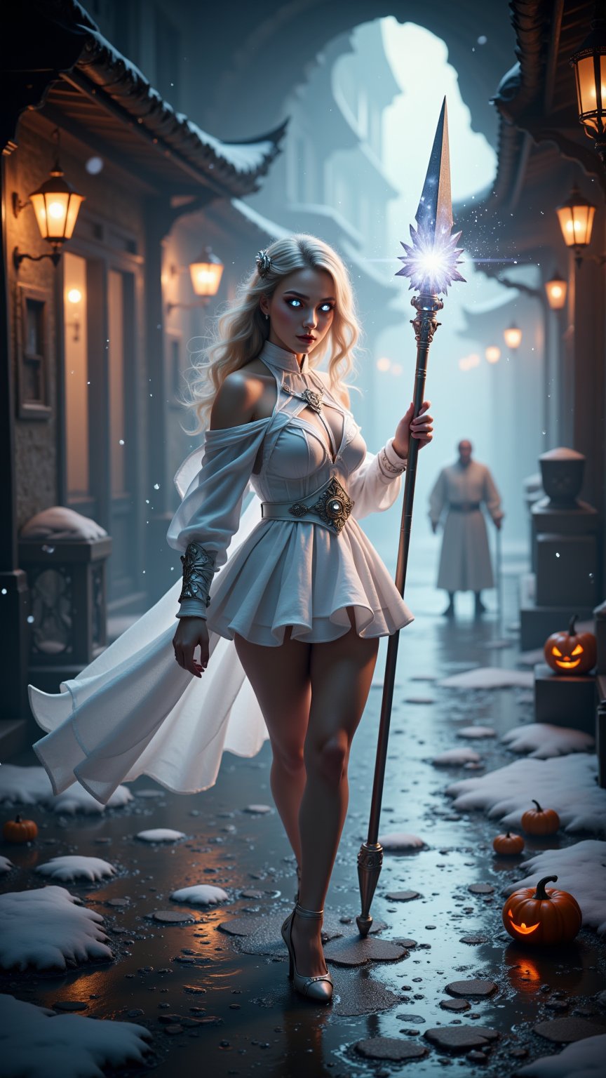 extreme close-up of Snow-kissed beauty strides forward, gaze locked on the viewer as she glances over her shoulder. Framed by a warm glow from nearby lanterns, her porcelain complexion and rosy cheeks radiate amidst the winter wonderland's serene silence. In the background, a white--robed scholar navigates the ancient city's cobblestone streets, wisps of fog swirling around him like ethereal whispers..retro glam,,surreal,sparkles, pumpkin monster in the background,

A warrior-mage class female character, embodying a fierce and confident warrior spirit, with sharp, determined features, flowing blonde hair cascading around her shoulders, fair skin, and glowing white eyes. She is dressed in a stunning modern white battle costume that blends elegance and functionality, featuring a short skirt that highlights her warrior grace. She stands in a dark, mystical cave, holding a long spear that resembles a traditional war spear, adorned with a glowing white crystal at its sharp tip, casting a bright light that penetrates the surrounding darkness. The crystal reflects light beautifully, illuminating her face and surroundings, while the water in the cave reflects shimmering patterns of light, enhancing the magical atmosphere. Standing tall with a powerful stance, she gazes fiercely into the depths of the cave, captured from a low angle to emphasize her warrior essence and readiness for battle.