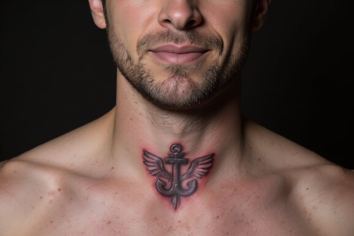 wingedhussarflux style,, the tatoo on the neck shows a symbol  known as the "Kotwica" (Anchor), which combines the letters "P" and "W."