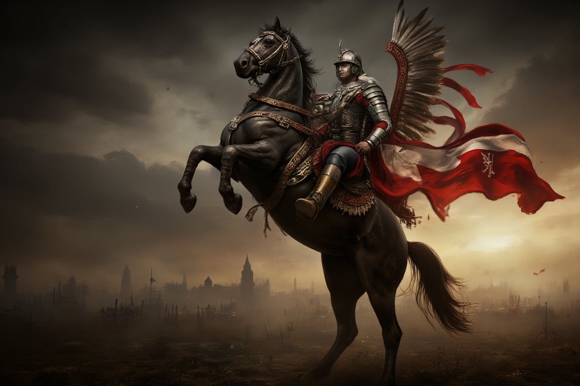 wingedhussarflux style,,The image portrays a powerful and dramatic scene of a Polish Winged Hussar mounted on a rearing black horse. The Winged Hussar, a legendary elite cavalryman, is depicted in full armor, with an intricate helmet that conceals most of his face, adding a sense of mystery and strength. He is adorned with the characteristic wings attached to his back, made of large, curved feathers that extend majestically upward, glinting in the soft, fading sunlight. His armor is finely detailed with a metallic sheen, while a long, flowing red-and-white banner, emblazoned with a cross, drapes across his horse’s body.  The black horse is captured in a dynamic pose, rising on its hind legs with a sense of raw power and energy. The muscular definition of the horse, enhanced by the hyper-realistic lighting, adds to the sense of motion. The animal’s armor and reins are richly decorated with gold accents, complementing the regal bearing of both the horse and rider.  In the background, a dark, ominous sky contrasts with the golden sunset, casting long shadows over the battlefield below. The overall atmosphere is tense and dramatic, capturing the grandeur and might of the Winged Hussar as he prepares for battle, embodying honor, courage, and strength.