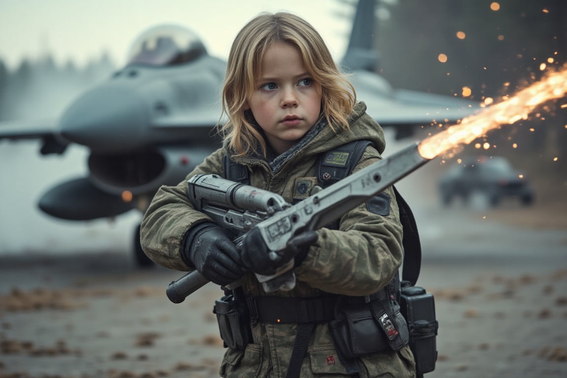 a little boy with jet toy in hand in a dynamic,  combat-ready pose,  wielding a long sword crackling with energy. polish m...