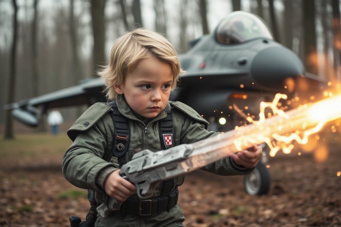 a little boy with jet toy in hand in a dynamic,  combat-ready pose,  wielding a long sword crackling with energy. polish m...