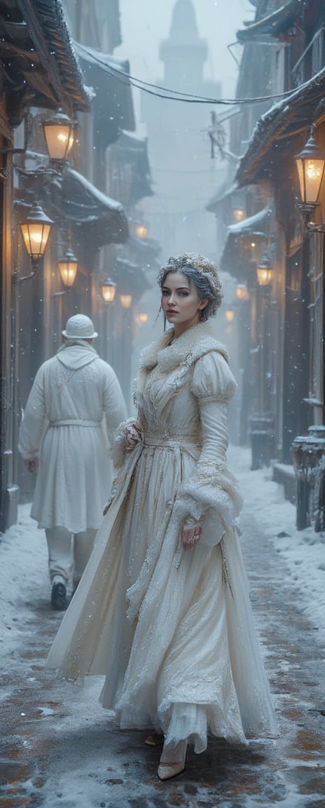 extreme close-up of Snow-kissed beauty strides forward, gaze locked on the viewer as she glances over her shoulder. Framed by a warm glow from nearby lanterns, her porcelain complexion and rosy cheeks radiate amidst the winter wonderland's serene silence. In the background, a white--robed scholar navigates the ancient city's cobblestone streets, wisps of fog swirling around him like ethereal whispers..retro glam,,surreal,sparkles