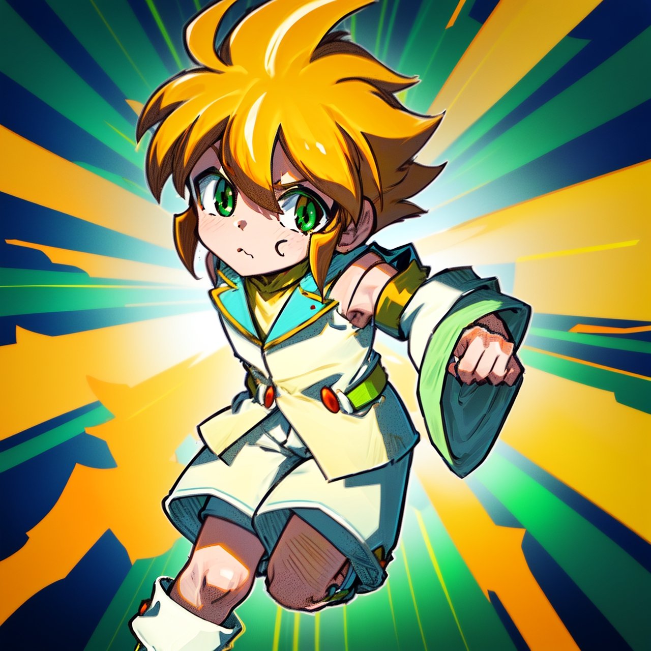 yutendo, 1boy, yellow shirt, white tunic (sky blue sleeve ends), green eyes, orange hair, fluffy hair, pale skin, white shorts (knee-length), lapels with lime green markings, white boots,apathetic face, looking atviewer, best quality, amazing quality