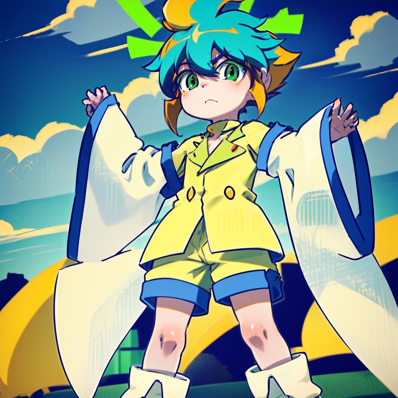 yutendo, 1boy, yellow shirt, white tunic (sky blue sleeve ends), green eyes, orange hair, fluffy hair, pale skin, white shorts (knee-length), lapels with lime green markings, white boots,apathetic face, looking atviewer, best quality, amazing quality Desnudo,