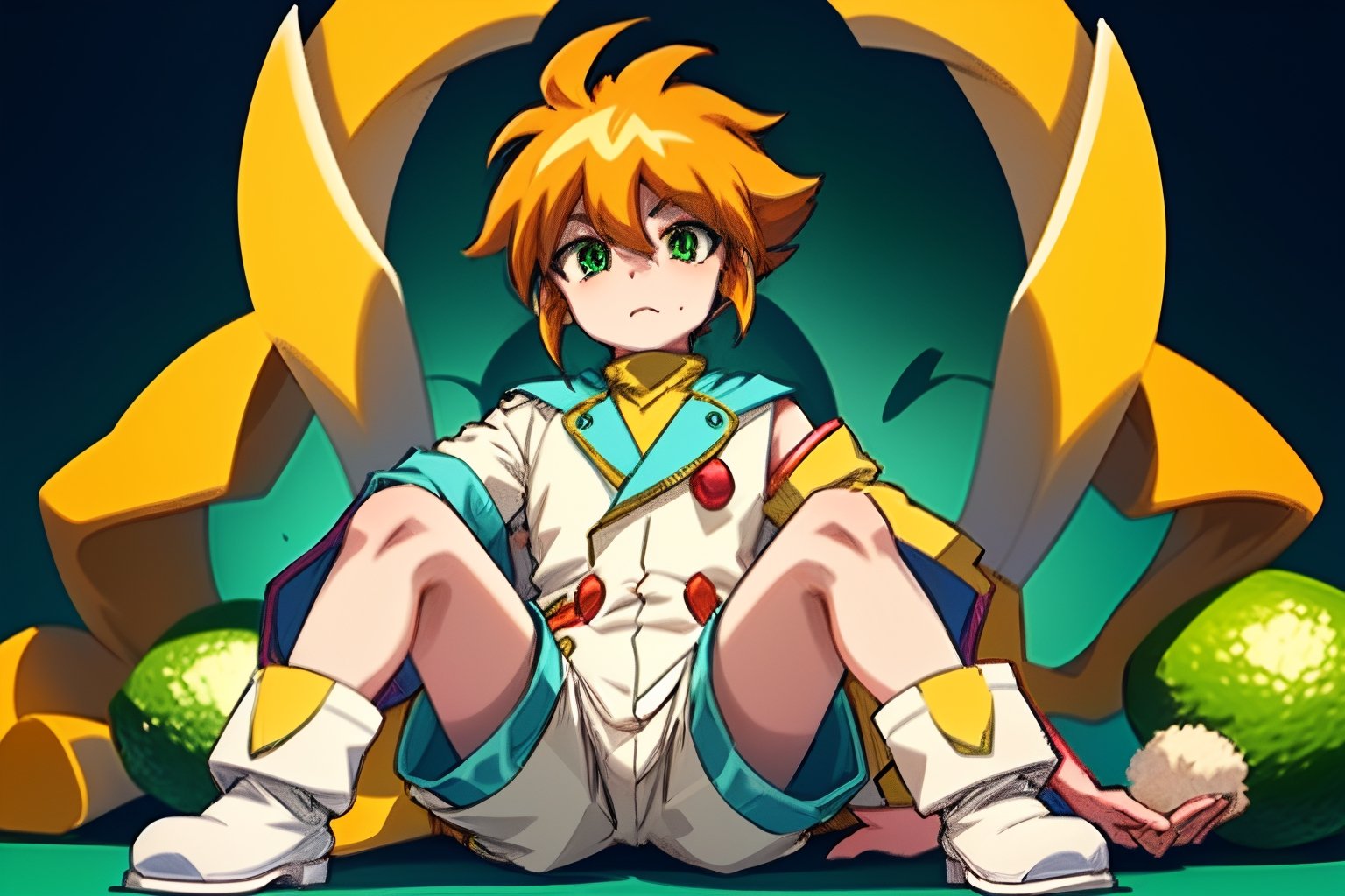 yutendo, 1boy, yellow shirt, white tunic (sky blue sleeve ends), green eyes, orange hair, fluffy hair, pale skin, white shorts (knee-length), lapels with lime green markings, white boots,apathetic face, looking atviewer, best quality, amazing quality Sexo Gay