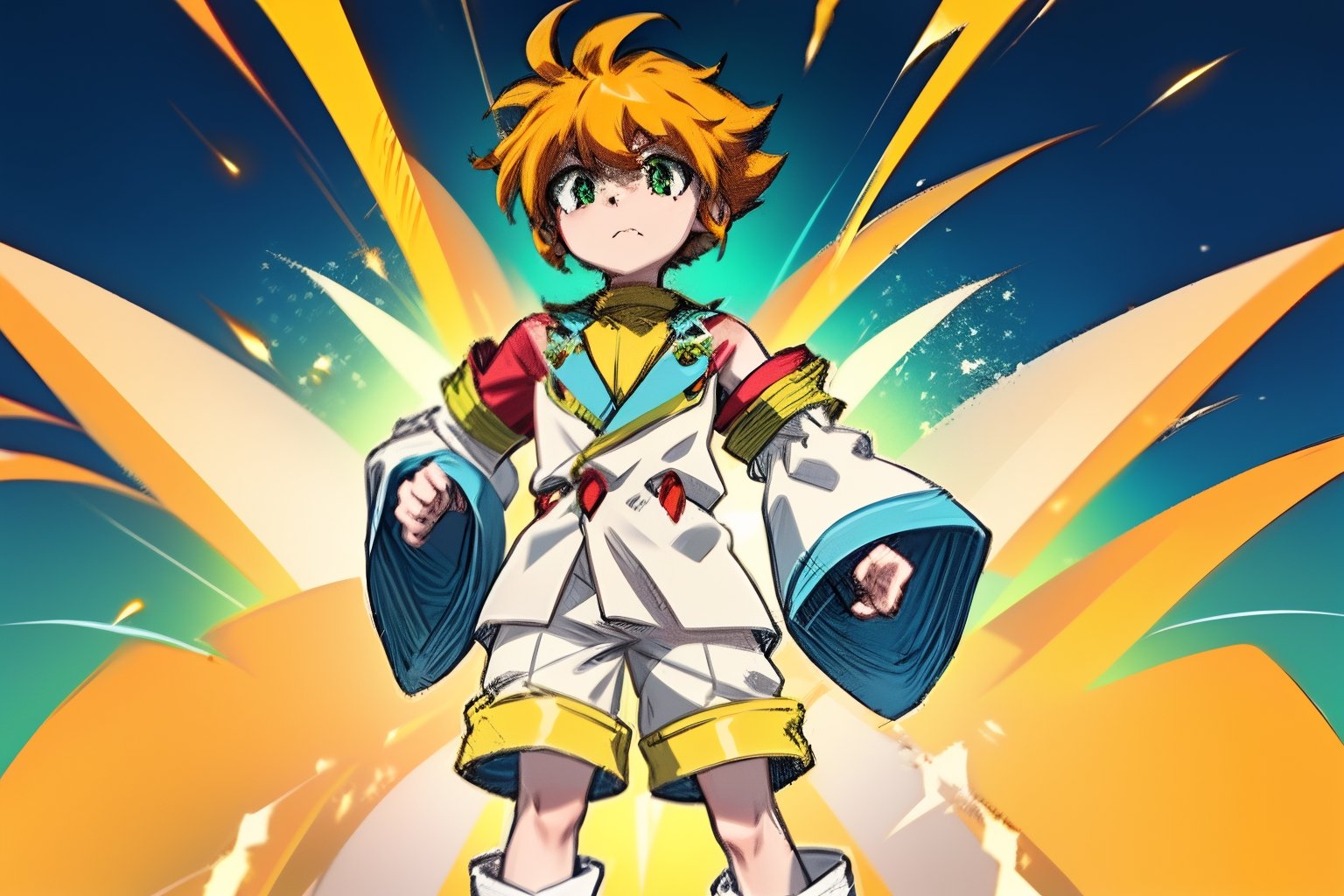 yutendo, 1boy, yellow shirt, white tunic (sky blue sleeve ends), green eyes, orange hair, fluffy hair, pale skin, white shorts (knee-length), lapels with lime green markings, white boots,apathetic face, looking atviewer, best quality, amazing quality