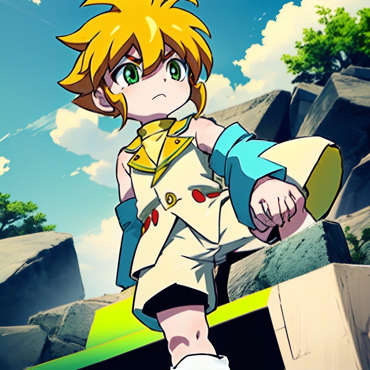 yutendo, 1boy, yellow shirt, white tunic (sky blue sleeve ends), green eyes, orange hair, fluffy hair, pale skin, white shorts (knee-length), lapels with lime green markings, white boots,apathetic face, looking atviewer, best quality, amazing quality Desnudo,