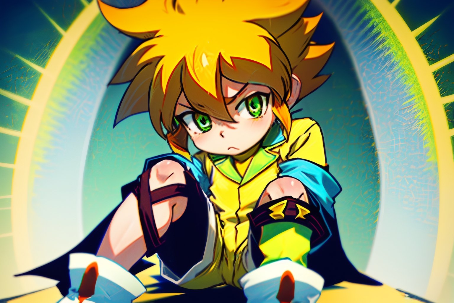 yutendo, 1boy, yellow shirt, white tunic (sky blue sleeve ends), green eyes, orange hair, fluffy hair, pale skin, white shorts (knee-length), lapels with lime green markings, white boots,apathetic face, looking atviewer, best quality, amazing quality Sexo Gay