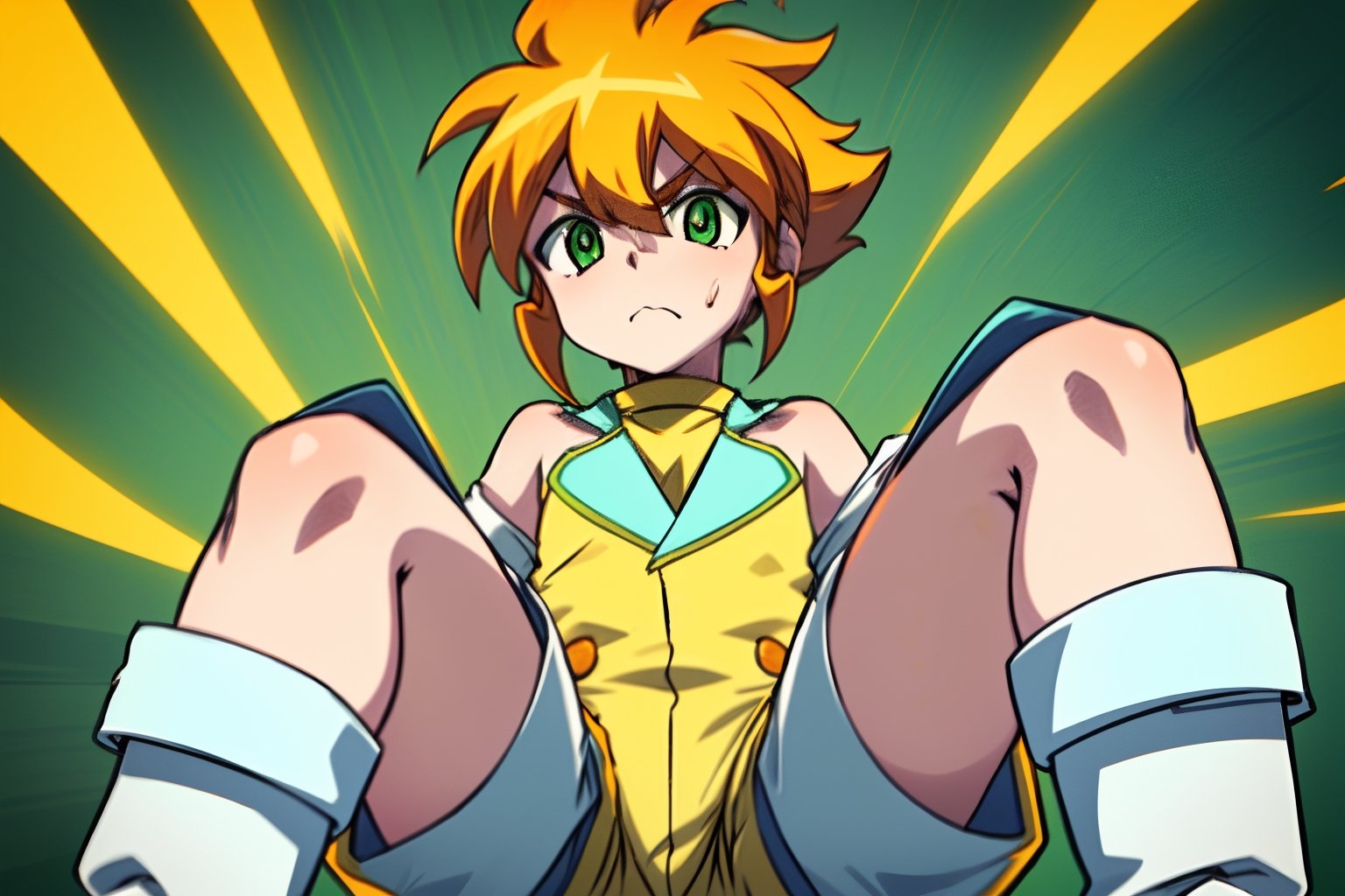 yutendo, 1boy, yellow shirt, white tunic (sky blue sleeve ends), green eyes, orange hair, fluffy hair, pale skin, white shorts (knee-length), lapels with lime green markings, white boots,apathetic face, looking atviewer, best quality, amazing quality Sexo Gay