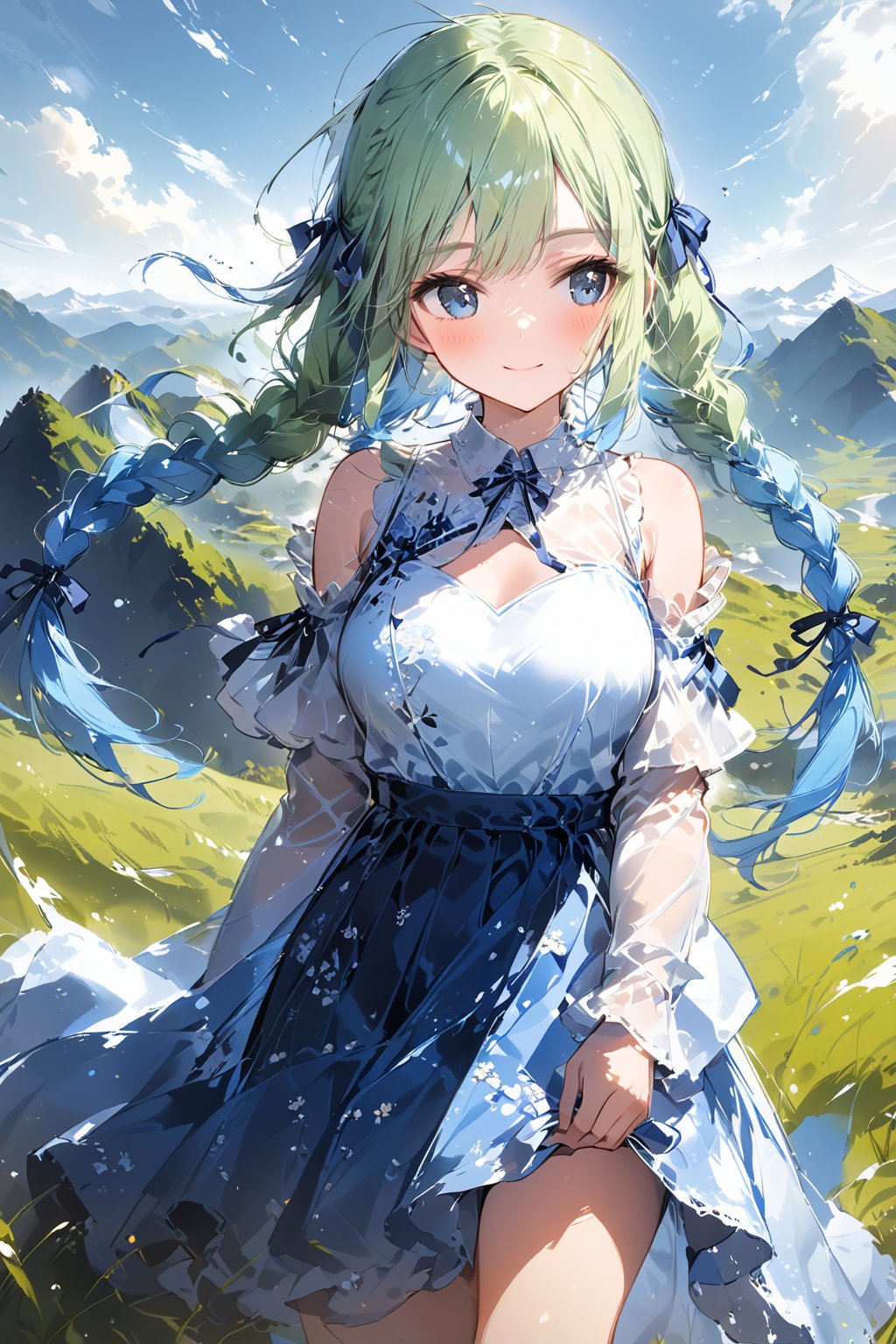 //quality, masterpiece:1.4, detailed:1.4,best quality:1.4,//,illustration,//,1girl,(solo),//,(light green hair),(,twinbraids),sidelocks,blue hair, gradient hair, large_chests,beautiful detailed eyes, green and blue eyes,//,fashion dress,hair ribbon, ribbon,//,blush,light smile,//,dynamic pose,looking away, adjusting dress, walking on mountain,full_body shot,//,wind,outdoors,grass,grassland,mountains, nature,scenery,perspective,ink paint