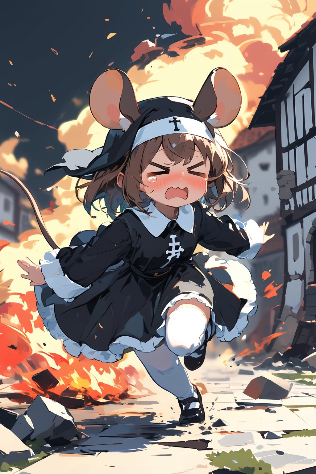 //quality, masterpiece:1.4, detailed:1.4,best quality:1.4,//,1girl,(solo),loli,//, brown mouse_ears,mouse_tail,animal ear fluff, medium hair,bangs, brown hair, closed_eyes,//,(black nun costume),white stockings, shoes,//,> <,>_<,><, blush, scared,fear,sweating,tearing_up,wavy_mouth,//,running,//, Europe medieval, motion_blur, blurry_background, simple background,black background,stone floor,destruction, destroyed buildings, fire, building on fire,BREAK,dal-6 style,no humans background, (straight-on),wide_shot, scenery,BREAK,(scene of girl running away from a red dragon), giant monster background 